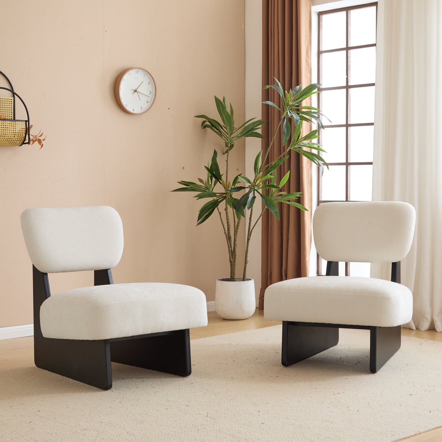 [Set of 2] Modern Beige Lounge Chair with Polyester Upholstery, Sturdy Black Wood Base, Minimalist Design, Stylish and Comfortable Accent Seating for Living Room, Bedroom, or Office