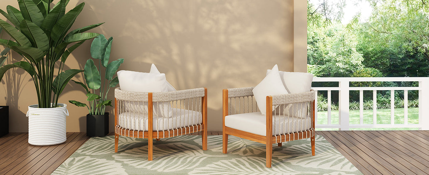 [Set of 2] Acacia Wood Outdoor Club Chair with Handwoven Rope Accents & Curved Backrest - Water-Resistant Boho Patio Lounge Chair with Removable Cushions for Porch, Garden