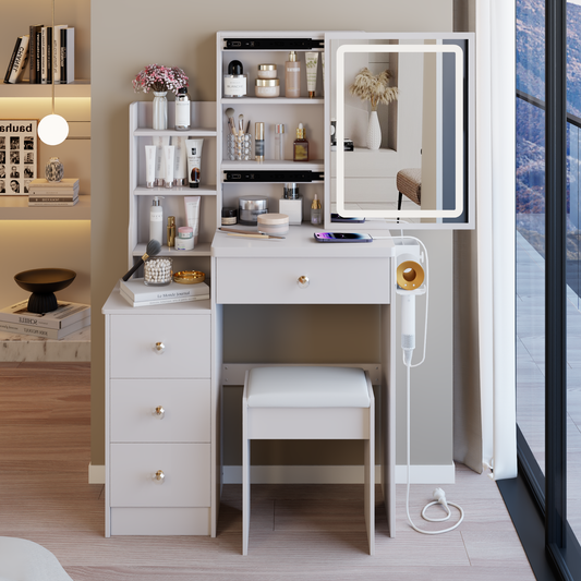 29.2' Small Size Left Bedside Cabinet Vanity Table + Cushioned Stool, 2 AC+2 USB Power Station, Hair dryer bracket, Extra Large Touch Control Sliding LED Mirror, Tri-color Switching, Brightness Adjust