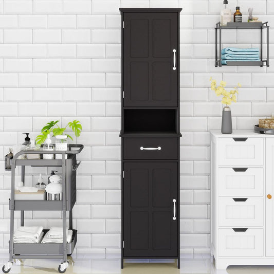 Kitchen Tools & Cookware: Double Door Narrow Height Slim Floor Standing Cabinet with 2 Adjustable Shelves-Black by Streamdale Furniture