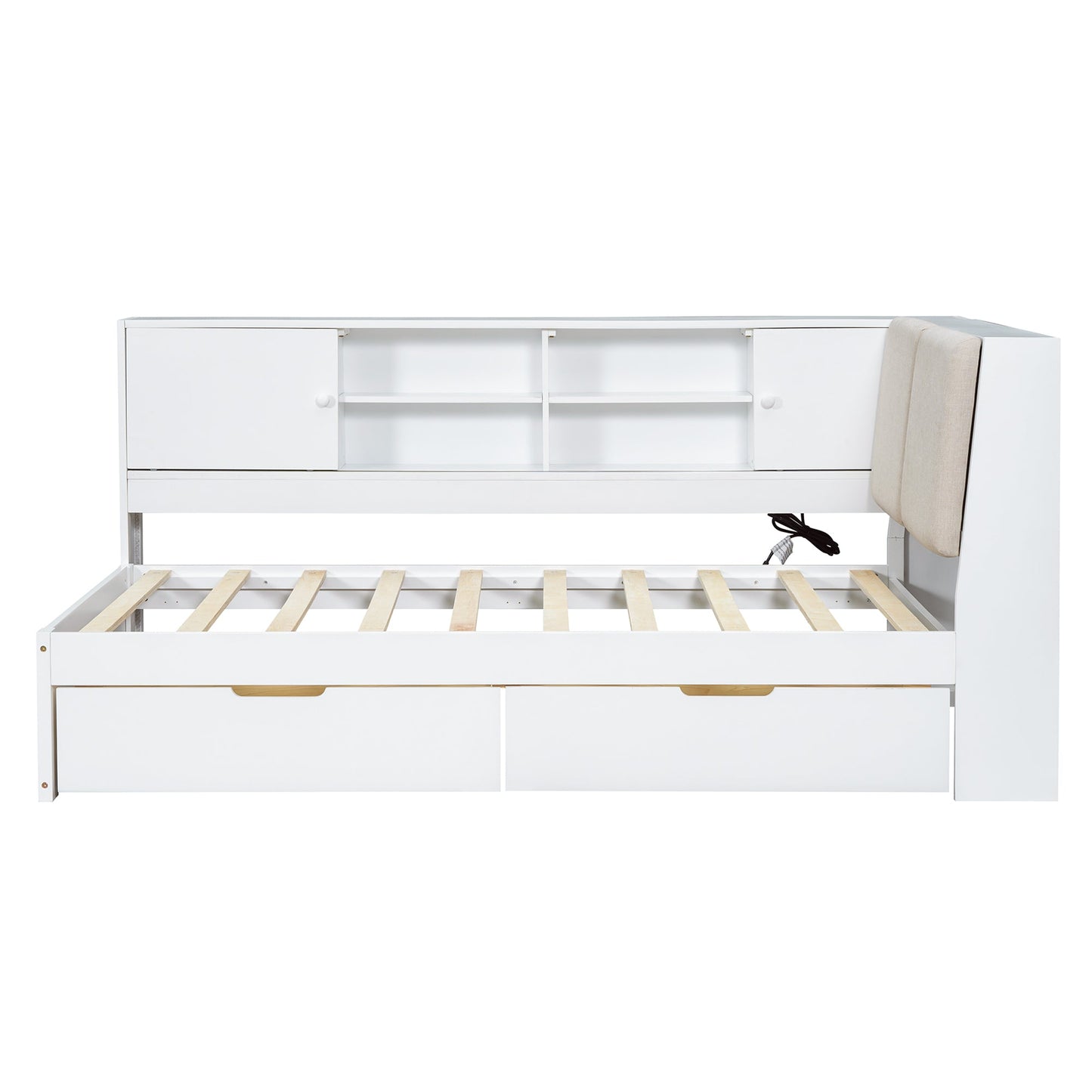 Wooden Twin Size L-shaped Daybed Corner Bed Under-bed Drawers  with Storage Bookcase and Upholstered Headboard and USB Charging Ports for Limited Space,White