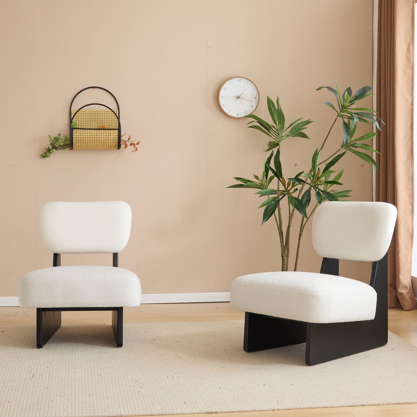 [Set of 2] Modern Beige Lounge Chair with Polyester Upholstery, Sturdy Black Wood Base, Minimalist Design, Stylish and Comfortable Accent Seating for Living Room, Bedroom, or Office