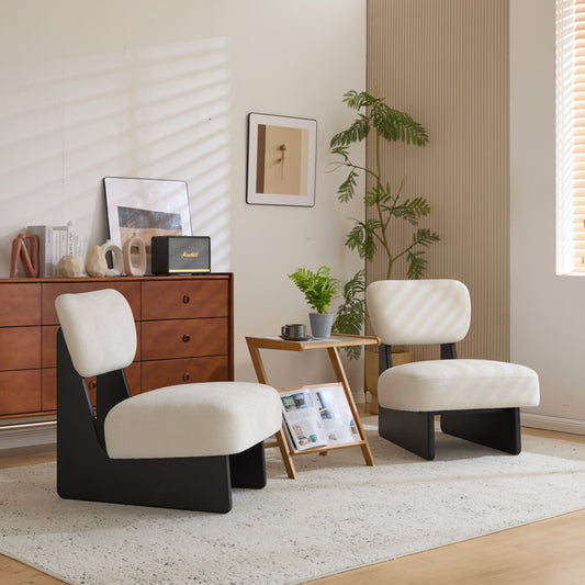 [Set of 2] Modern Beige Lounge Chair with Polyester Upholstery, Sturdy Black Wood Base, Minimalist Design, Stylish and Comfortable Accent Seating for Living Room, Bedroom, or Office
