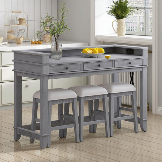 Dining & Tableware: TREXM 4-Piece Dining Table Set for 3, Retro Kitchen Table and Chairs Set with 3 Storage Drawers, Ideal for Small Spaces (Gray) by Streamdale Furniture