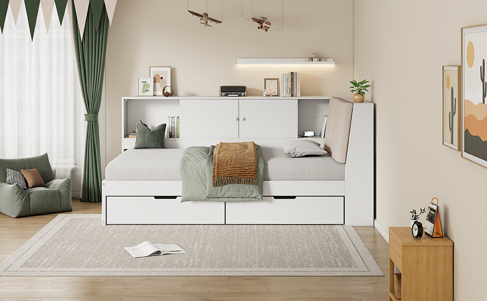 Wooden Twin Size L-shaped Daybed Corner Bed Under-bed Drawers  with Storage Bookcase and Upholstered Headboard and USB Charging Ports for Limited Space,White