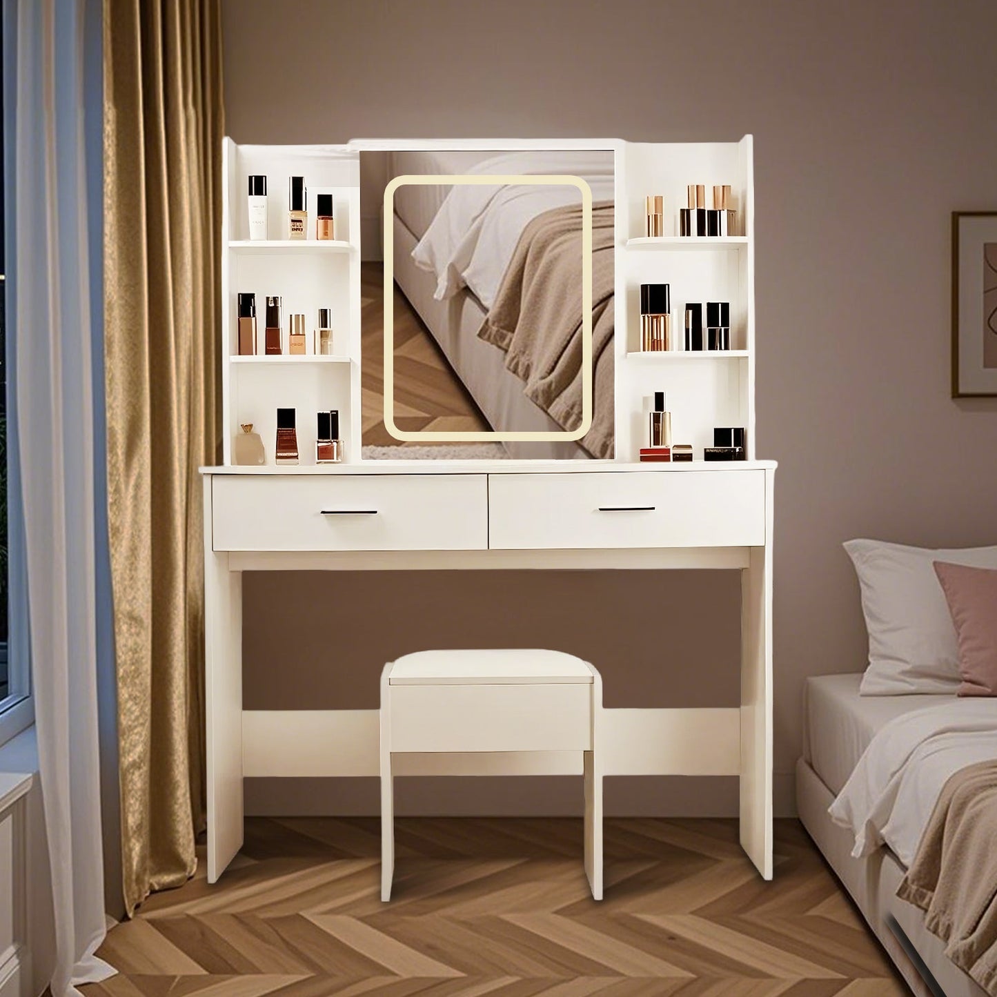 Vanity Desk with Mirror and LED Lights, 3 Lighting Modes and Power Outlet, 2 Spacious Drawers and Stool, White MDF