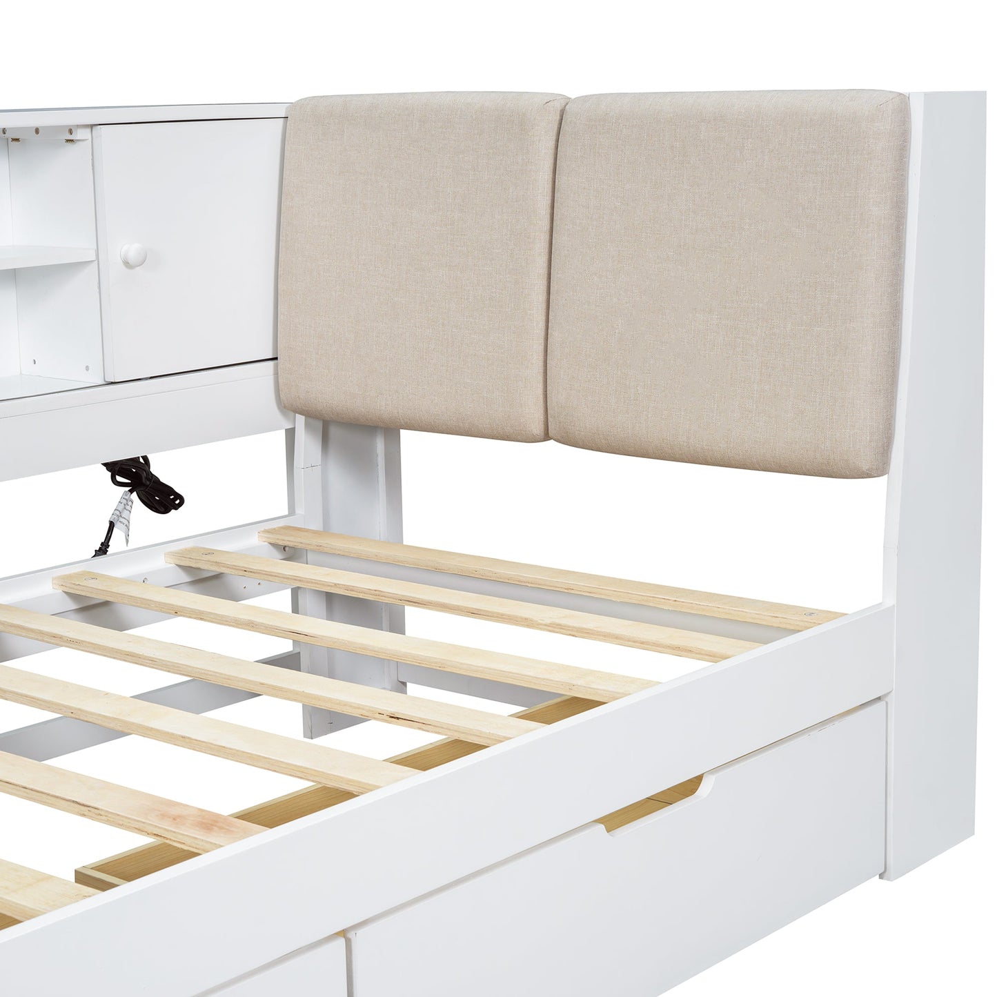 Wooden Twin Size L-shaped Daybed Corner Bed Under-bed Drawers  with Storage Bookcase and Upholstered Headboard and USB Charging Ports for Limited Space,White