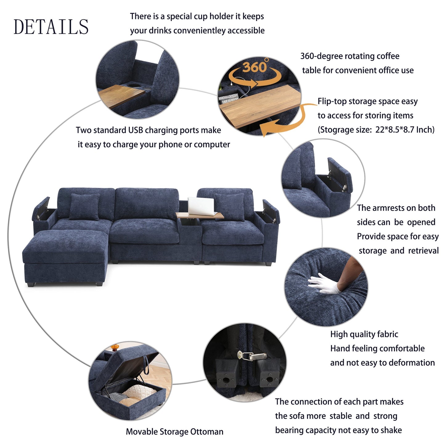 120.3'Sectional Sofa ,L-Shaped Oversized Couch ,Comfy Cloud Couch Set with Drop Down Table,360-degree Swivel tray ,Cup Holders,USB Charger,Storage Ottoman and Armrest,Wide Seat Sofa for Living room