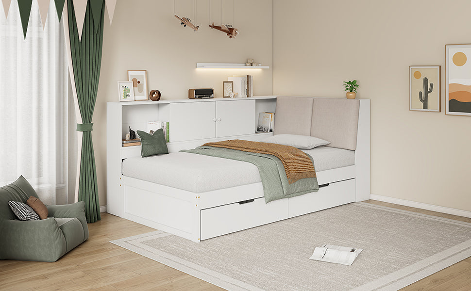 Wooden Twin Size L-shaped Daybed Corner Bed Under-bed Drawers  with Storage Bookcase and Upholstered Headboard and USB Charging Ports for Limited Space,White