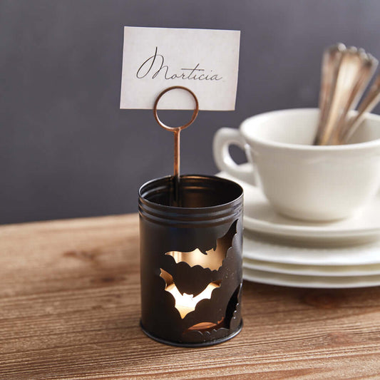 Seasonal & Holiday Decor: Halloween Bats Metal Luminary Place Card Holder by Vintage Shopper