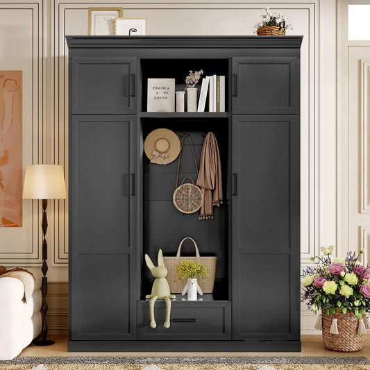 Bedroom Bedding & Decor: U-Can 85.2''H Hall Tree with Bench and 3 Hooks, Modern Entryway Storage Organizer Cabinet with 4 Doors, 1 Drawer and Adjustable Shelves for Hallway, Entryway, Living Room by Streamdale Furniture