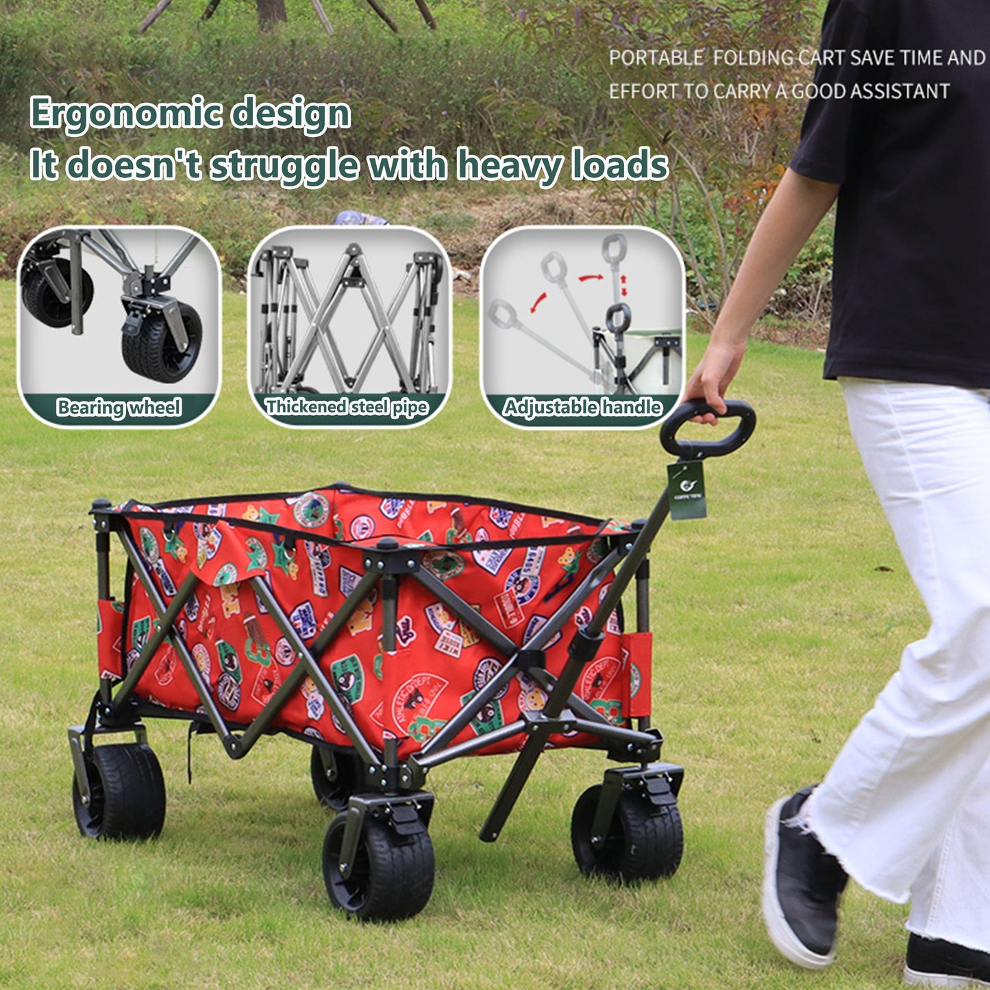Utility Park Garden Cart Tool Customized Color Folding Camping Trolley Outdoor Picnic Beach Wagon, Red