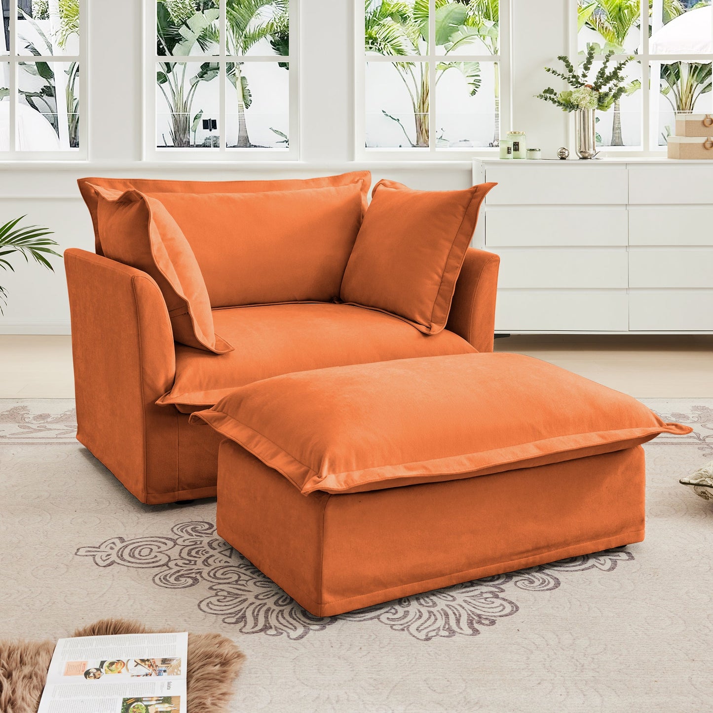 Upholstered Slipcovered Armchair with Ottoman,  Deep Seat Armchair W/ Wide Ottoman for Living Room, Armchair Sets with Large Soft Pillows(Set of 2),Chenille Fabric,Orange