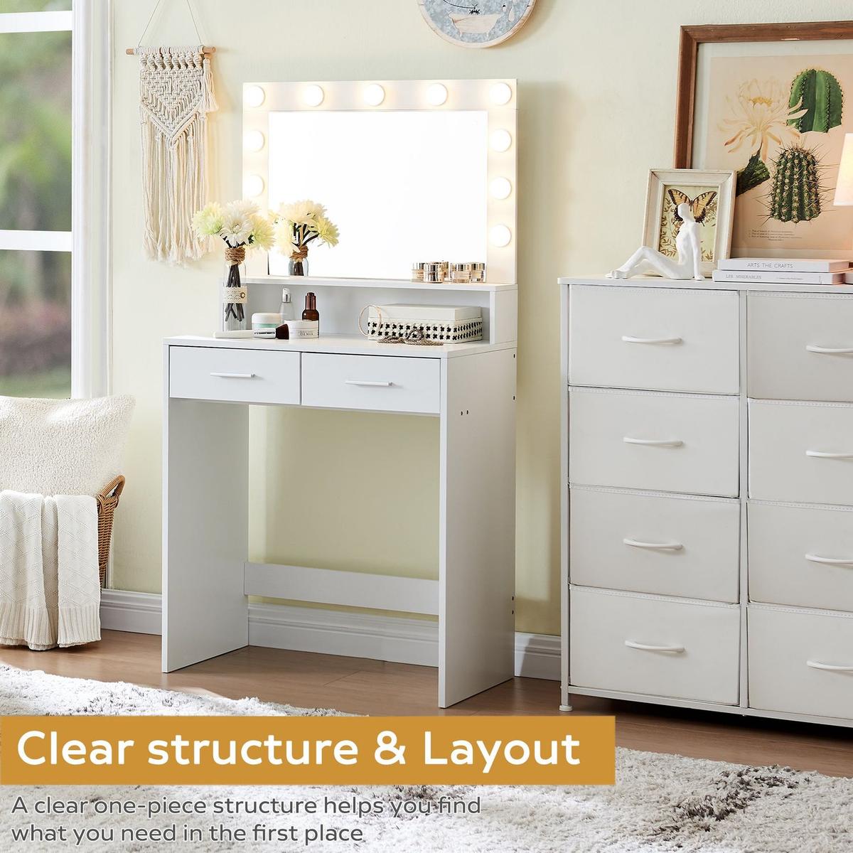 Vanity Desk with Mirror and Lights, Dressing Table with Large Drawer, 2 Level Storage Dresser & 3 Lighting Modes Adjustable Brightness, Suitable for Bedroom(White)