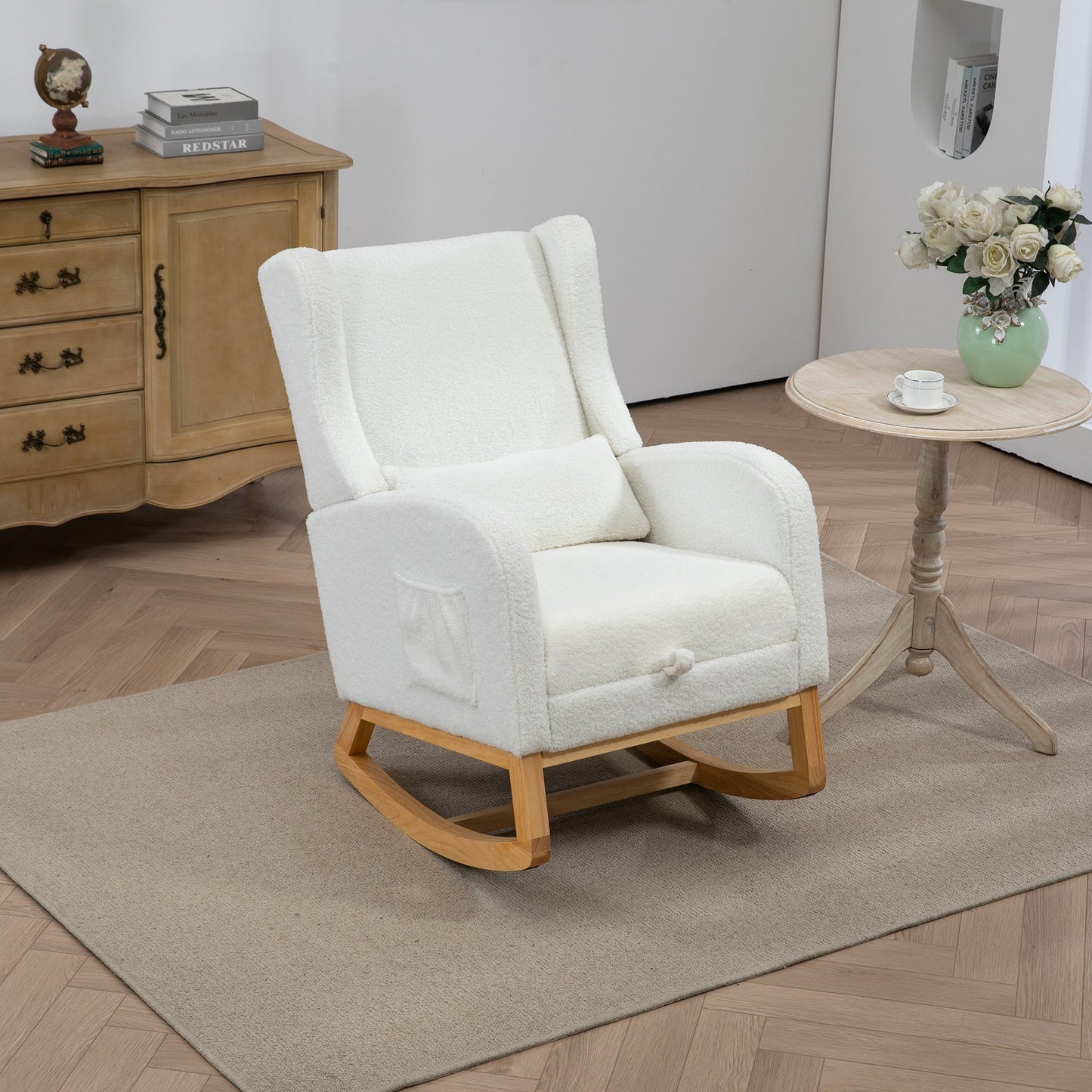 25.4'W Modern Rocking Chair for Nursery, Mid Century Accent Arm Rocker With Retractable Footrest, Side Pocket, Comfy Upholstered Wingback Wooden Glider Chair for Living Room Baby Kids Room. Ivory