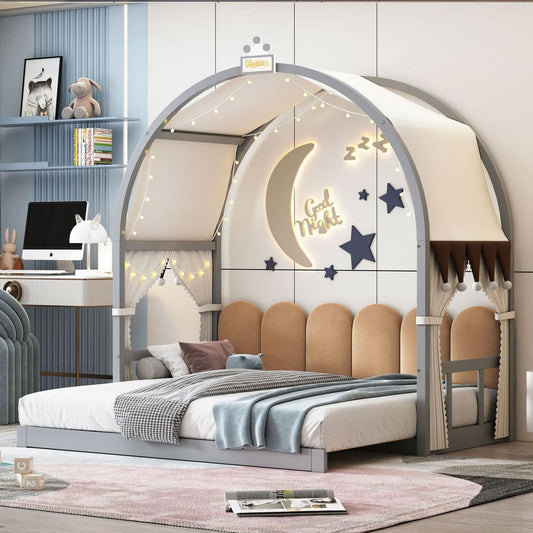 Smart Light Bulb: Twin Size Extended Bed With Arched Roof and Trundle, Gray by Streamdale Furniture