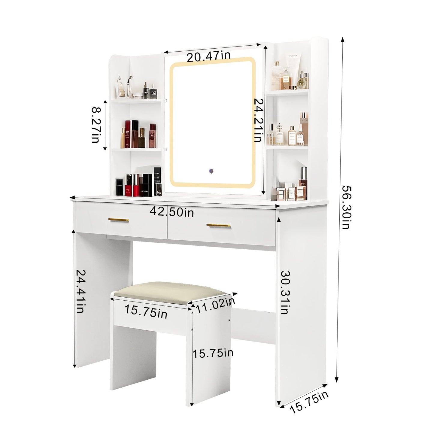 Vanity Desk with Mirror and LED Lights, 3 Lighting Modes and Power Outlet, 2 Spacious Drawers and Stool, White MDF