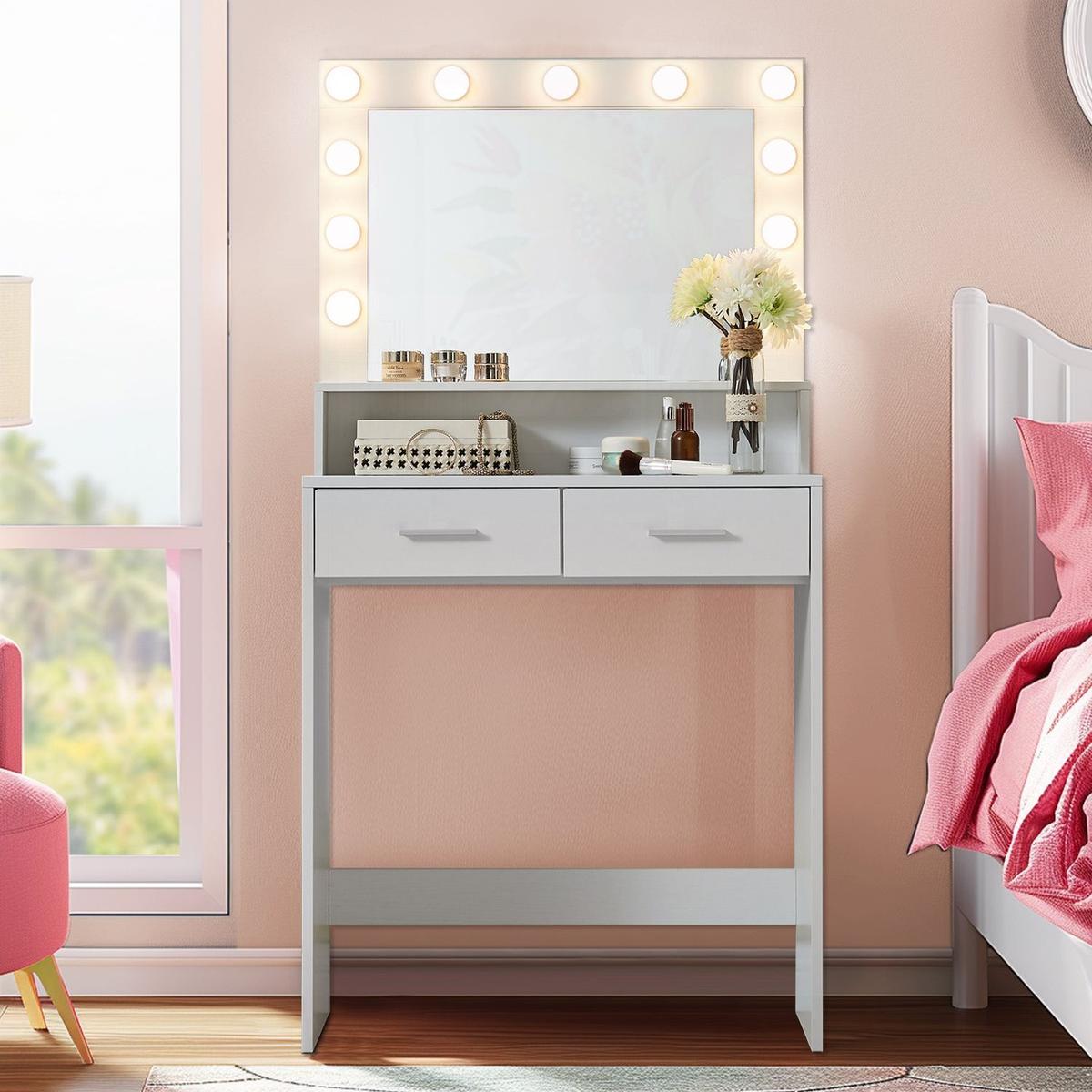 Vanity Desk with Mirror and Lights, Dressing Table with Large Drawer, 2 Level Storage Dresser & 3 Lighting Modes Adjustable Brightness, Suitable for Bedroom(White)
