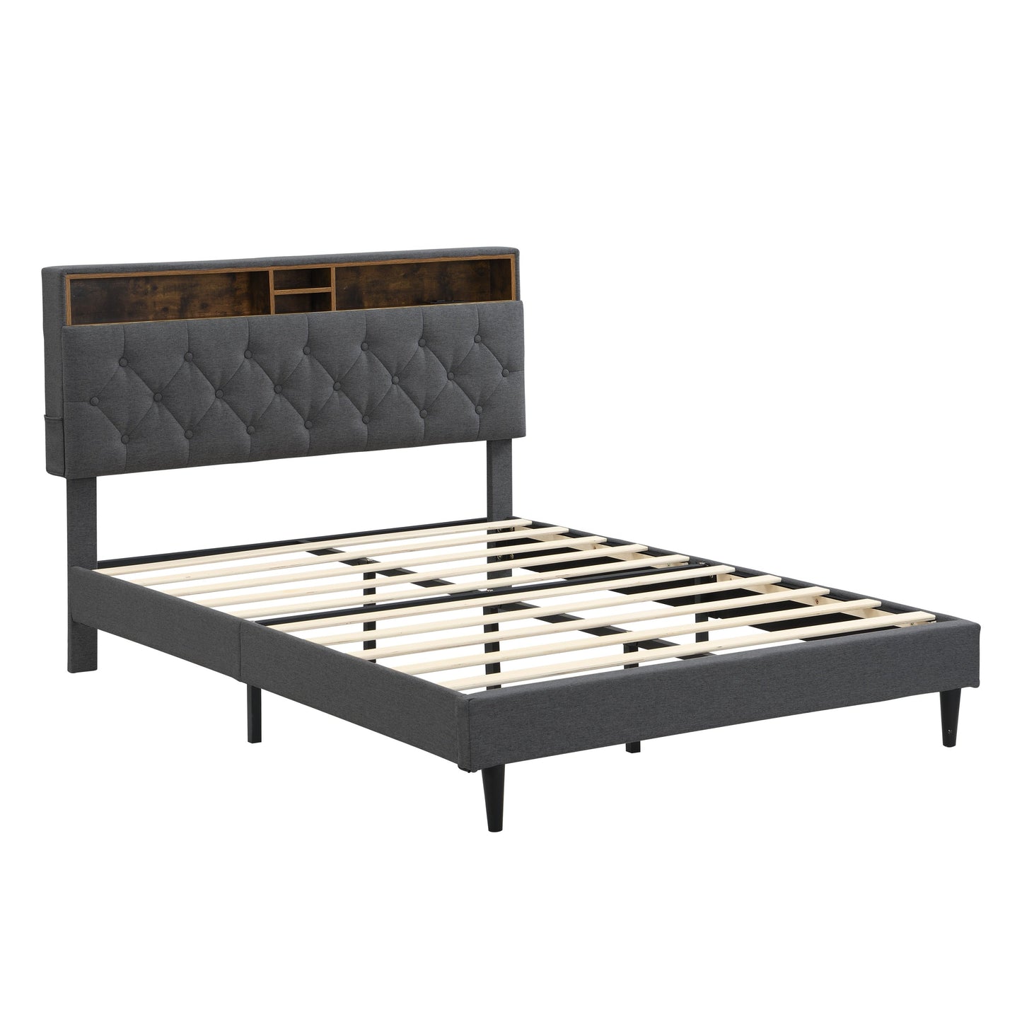 Bedroom Bedding & Decor: Modern Upholstered King-Size Platform Bed Frame with Button-Tufted Linen Headboard and USB Ports, Dark Grey by Streamdale Furniture