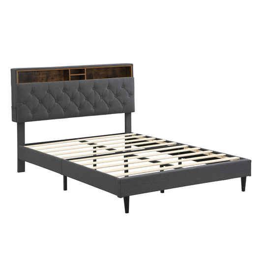 Bedroom Bedding & Decor: Modern Upholstered King-Size Platform Bed Frame with Button-Tufted Linen Headboard and USB Ports, Dark Grey by Streamdale Furniture