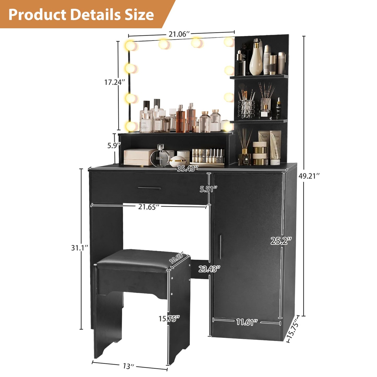 Vanity Desk with Mirror and Lights, Makeup Vanity with Drawer & Storage Cabinet, 3 Adjustable Lighting Colors, Makeup Desk with Open Shelves for Bedroom, Dressing Room, Black