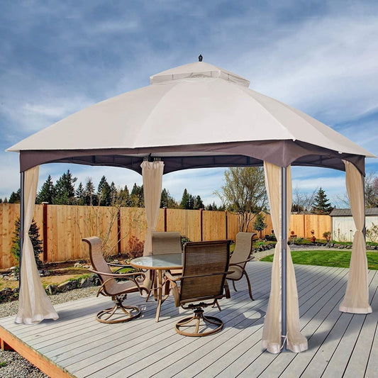 10x12 FT Softtop Metal Gazebo with Mosquito Net&Sunshade Curtains,Sturdy Heavy Duty Double Roof Canopy,Galvanized Steel Design Outdoor Tent,Suitable for Gardens,Patio,Backyard