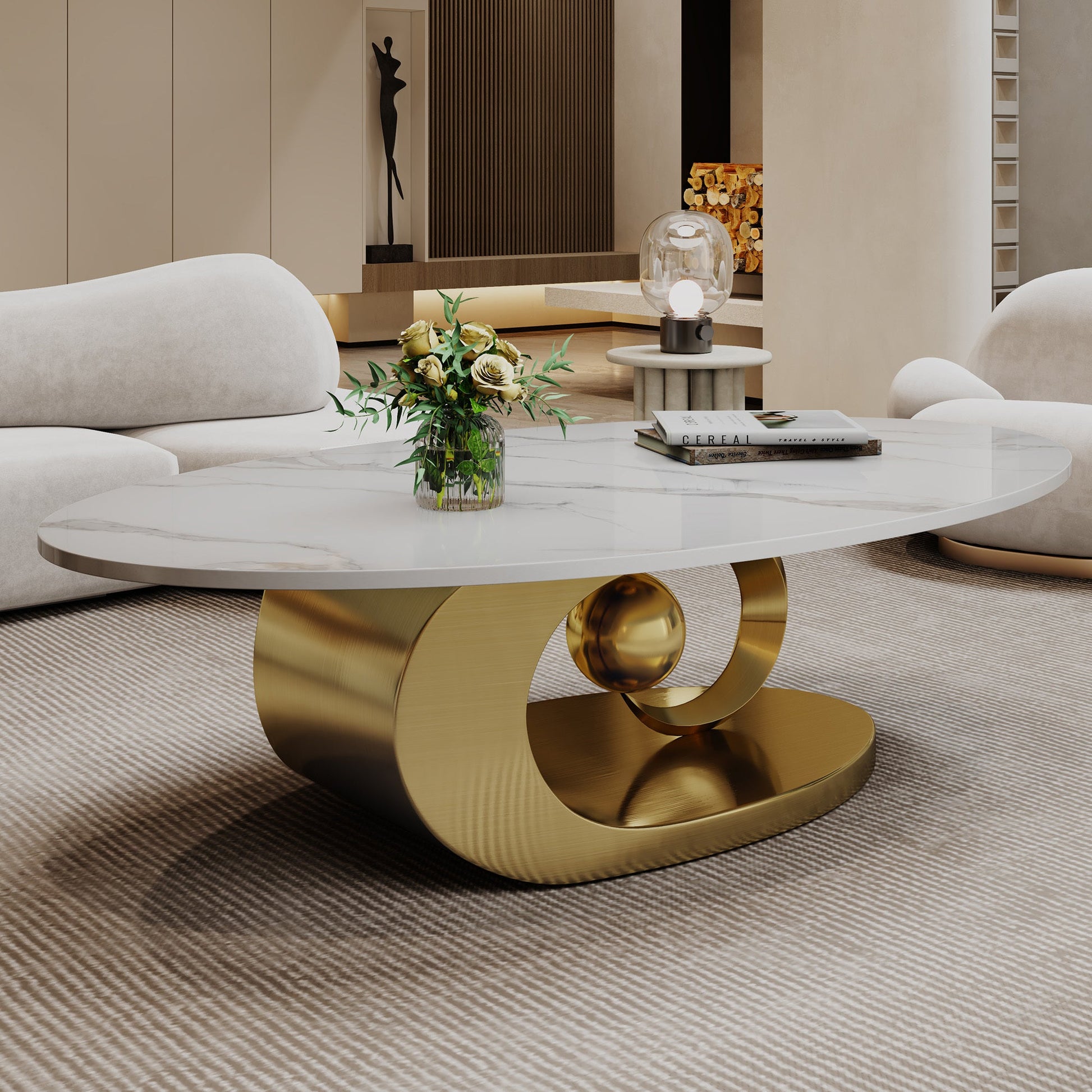 Kitchen Tools & Cookware: Marble Coffee Table with Sculptural Stainless Steel Base by Streamdale Furniture