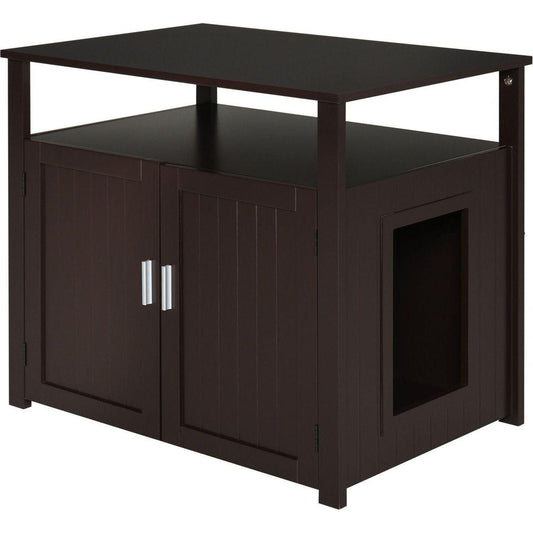 Wooden Cat Litter Box Enclosure Furniture with Adjustable Partition, Cat Washroom End Table with Open Shelf, Brown