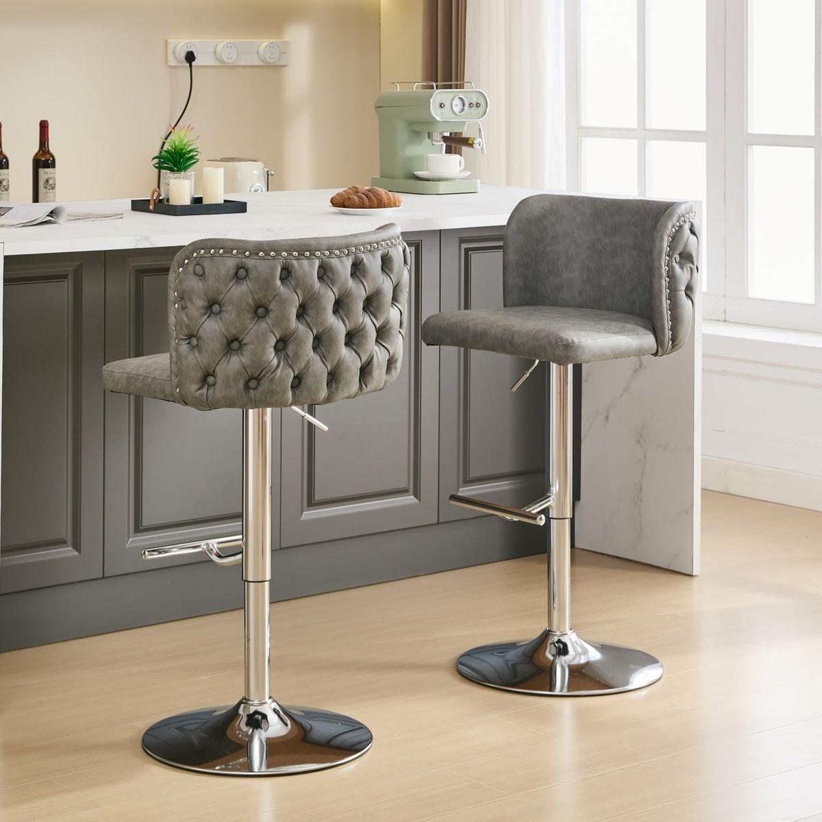 Kitchen Tools & Cookware: Swivel Barstools Adjusatble Seat Height With Chrome Base, Modern PU Upholstered Bar Stools with the whole Back Tufted, for Home Pub and Kitchen Island,Gray, Set of 2 by Streamdale Furniture