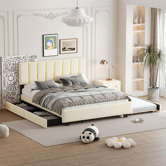Bedroom Bedding & Decor: Queen Size Upholstered Platform Bed with 2 Drawers and 1 Trundle, Classic Metal Strip Headboard Design, Beige by Streamdale Furniture
