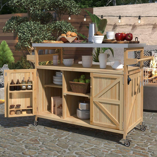 Smart Home Device: Outdoor Kitchen Island, Rolling Bar Cart & Storage Cabinet, Farmhouse Solid Wood Outdoor Grill Table with Stainless Steel Top, Spice Rack, Towel Rack for Kitchen & BBQ, Natural by Streamdale Furniture
