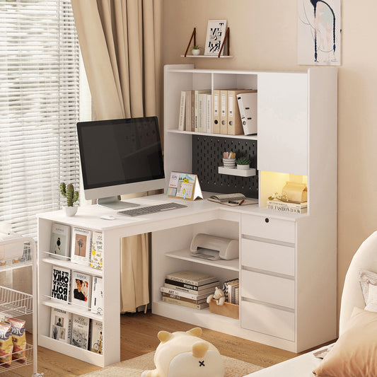 Lighting Fixture: L Shaped Desk with Charger,Computer Desk with Drawers,Bookshelf, with LED Light,Modern Corner Desk,Home Office Desk,L-Shaped Study Table Writing Desk,Corner Gaming Computer Desk with Storage by Streamdale Furniture