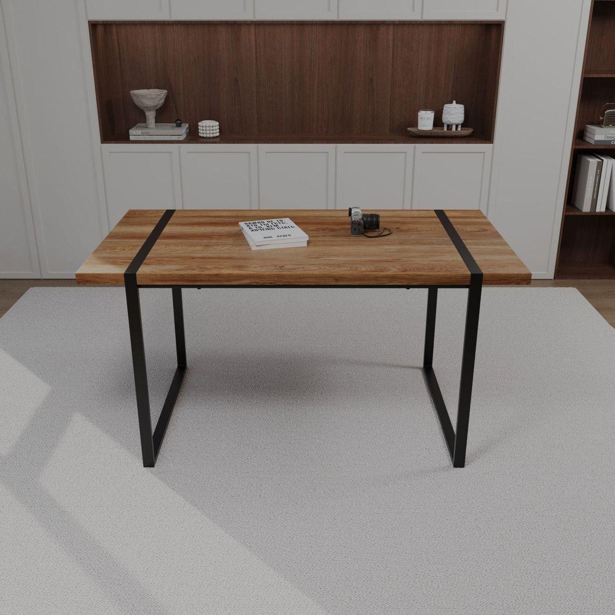 Dining & Tableware: 59 "rural industrial rectangular MDF natural wood dining table, 4-6 people, 1.5" thick engineering wood tabletop and black rectangular metal legs, used for writing desks, kitchens, terraces by Streamdale Furniture