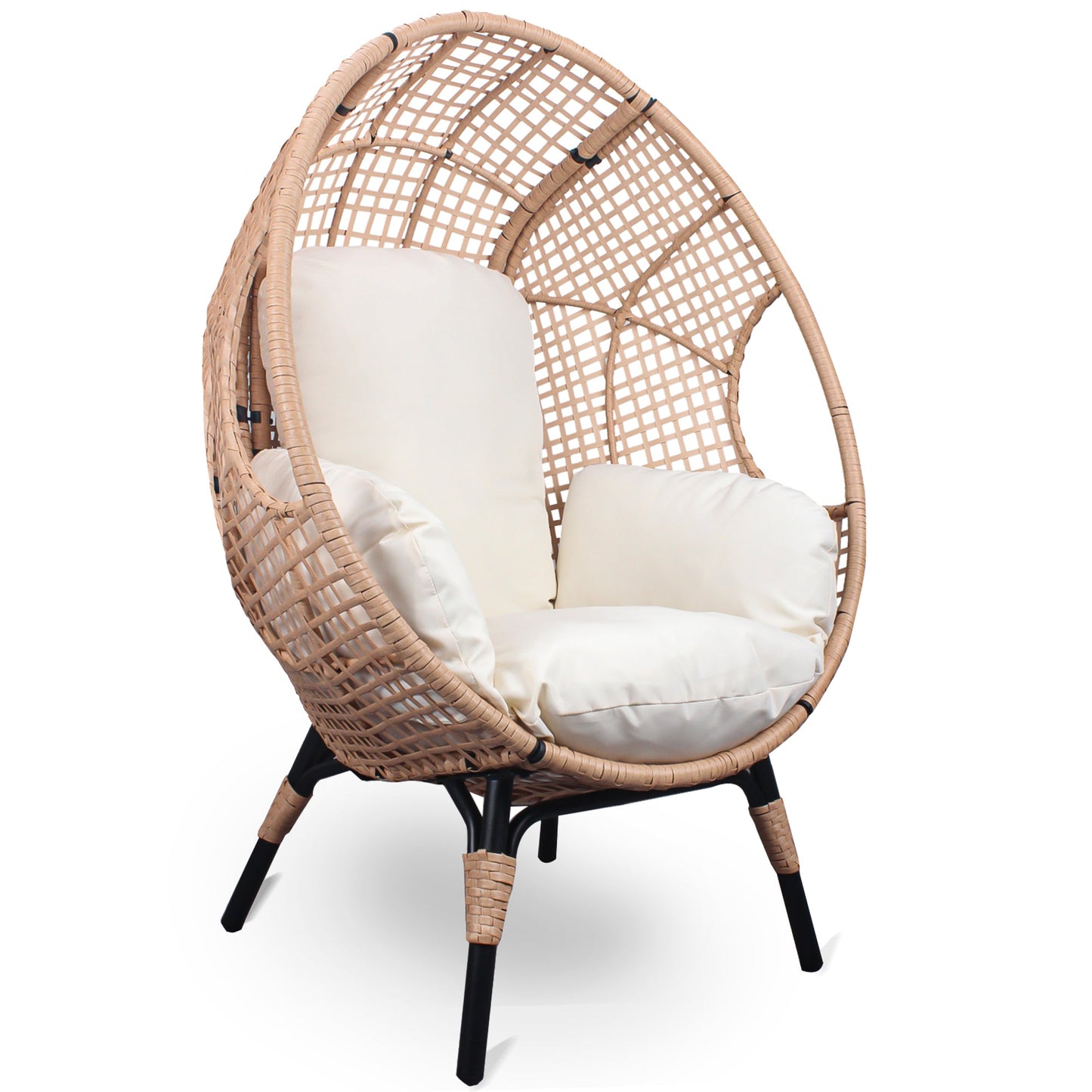 Garden & Outdoor: New Grid Style  PE Wicker Weaving Patio Egg Chair with Natural Color Rattan Beige Cushion by Streamdale Furniture