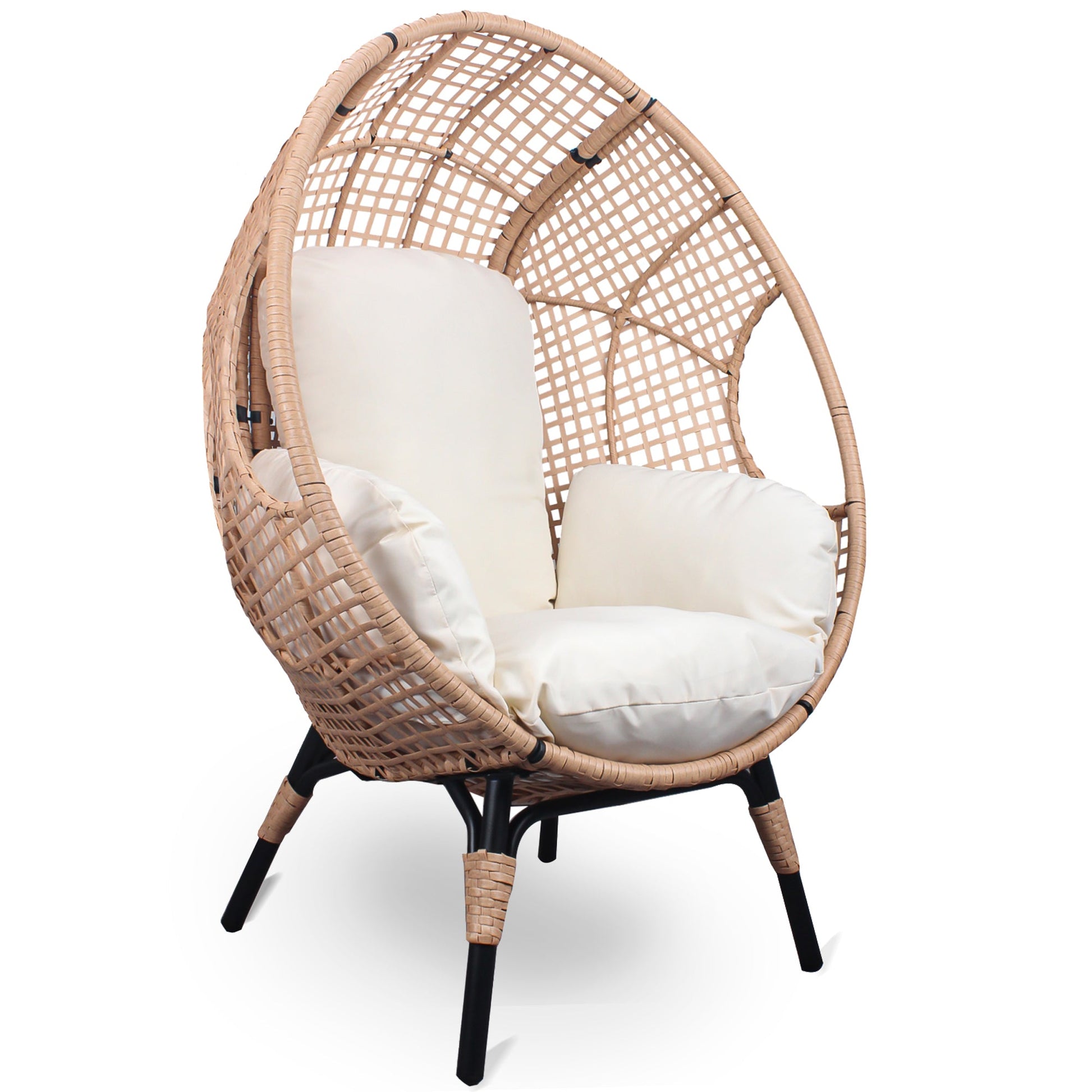 Garden & Outdoor: New Grid Style  PE Wicker Weaving Patio Egg Chair with Natural Color Rattan Beige Cushion by Streamdale Furniture