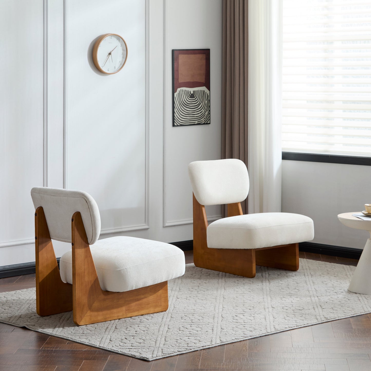 [Set of 2] Modern Beige Lounge Chair with Polyester Upholstery, Sturdy Wood Base With Natural Finish, Minimalist and Stylish Accent Seating for Living Room, Bedroom, or Office