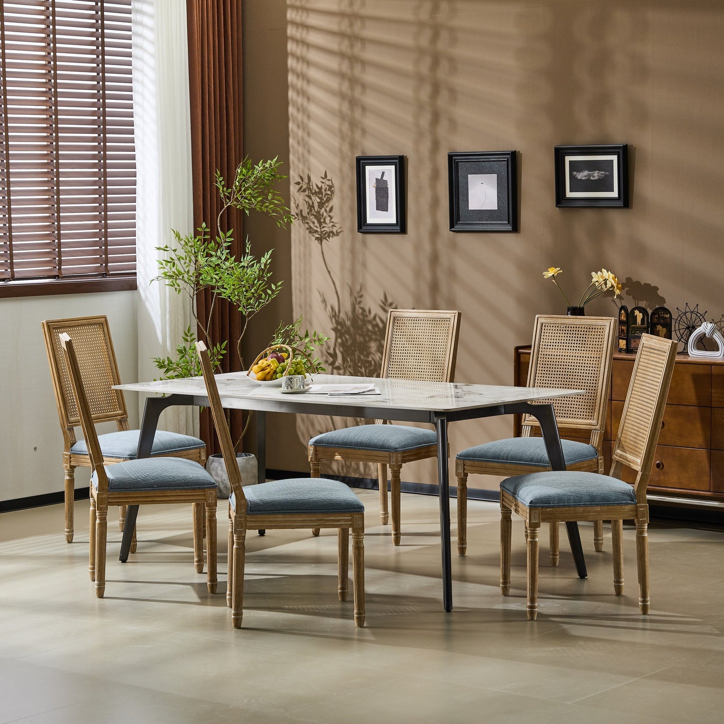 Vintage Inspired Set of 6 French Country Dining Chairs with Cane Backrest & Upholstered Seats in Rustic Weathered Finish