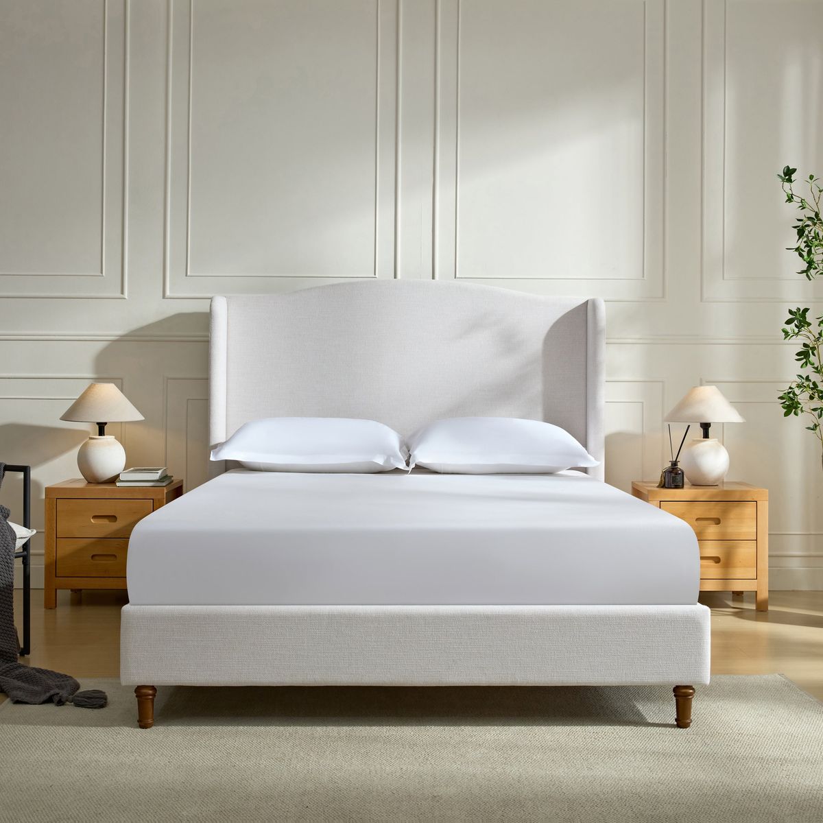 Bedroom Bedding & Decor: Hannah Upholstered Wingback Bed Size Queen / Tall 54' Headboard Upholstered Queen Bed / Premium Textured Canvas Chenille Look Ivory / Minimalist Designs / No Box Spring Needed / Easy Assembly / Queen by Streamdale Furniture