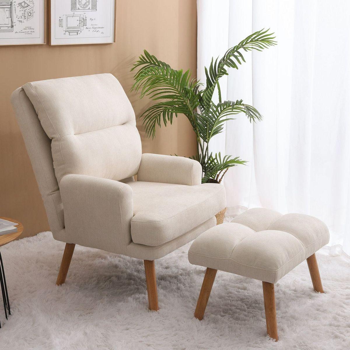 Bedroom Bedding & Decor: Accent Chair with Ottoman Set, Fabric Armchair with Wood Legs and Adjustable Backrest, Mid Century Modern Comfy Lounge Chair for Living Room, Bedroom, Reading Room and Study by Streamdale Furniture