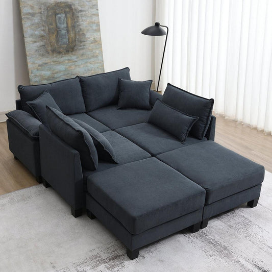 Wide Seat Corduroy Modular Sectional Sofa Bed,Sleeper Couch Set with Armrest Pillow,6 Seat Free Combination Sofa with Ottomans,Oversized Indoor Furniture for Living Room, 2 Colors