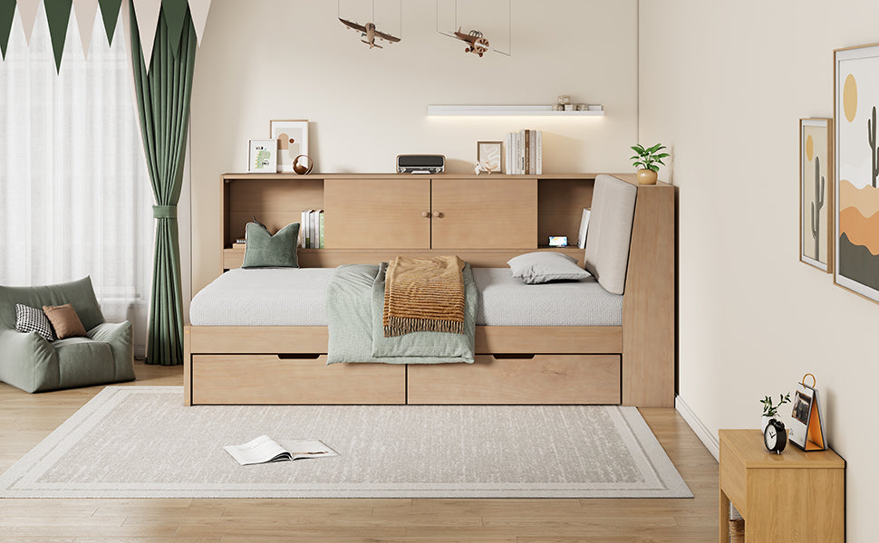 Wooden Twin Size L-shaped Daybed Corner Bed Under-bed Drawers  with Storage Bookcase and Upholstered Headboard and USB Charging Ports for Limited Space,Natural