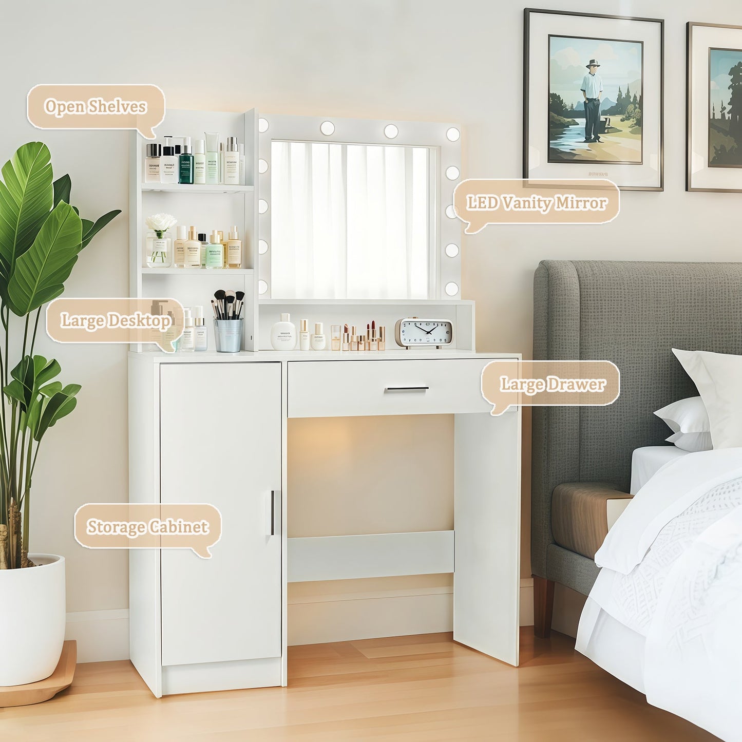 Vanity Desk with Mirror and Adjustable LED Lights, 3 Lighting Modes, Drawer and Storage Cabinet, White MDF