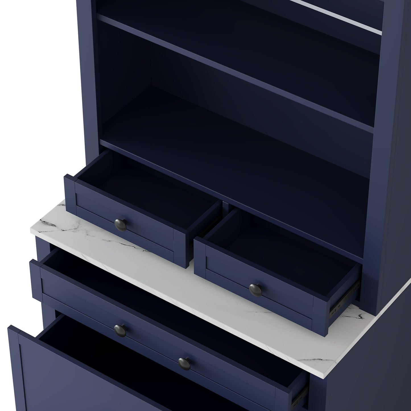 [Assembly Video Provided] TOPMAX Modern 83.7inch High Kitchen Pantry, Freestanding Tall Kitchen Hutch with Faux Marble Top,Cupboard Cabinet with 5 Storage Drawers and Adjustable Shelf, Set of 2, Blue