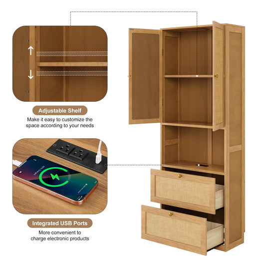 2 Doors Bookshelf with USB Port and 3 Drawers Side Cabinet Storage Shelves, Natural