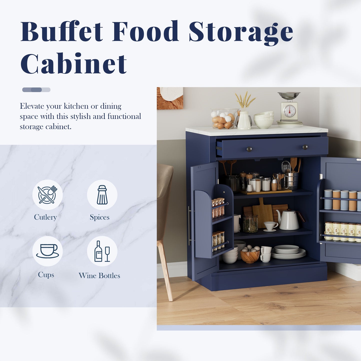 [Assembly Video Provided] TOPMAX Modern Freestanding Kitchen Pantry,Buffet Food Storage, Coffee Bar Cabinet with Drawer, 2 Adjustable Shelves and 2 Door Shelves for Dining, Kitchen, Set of 2, Blue