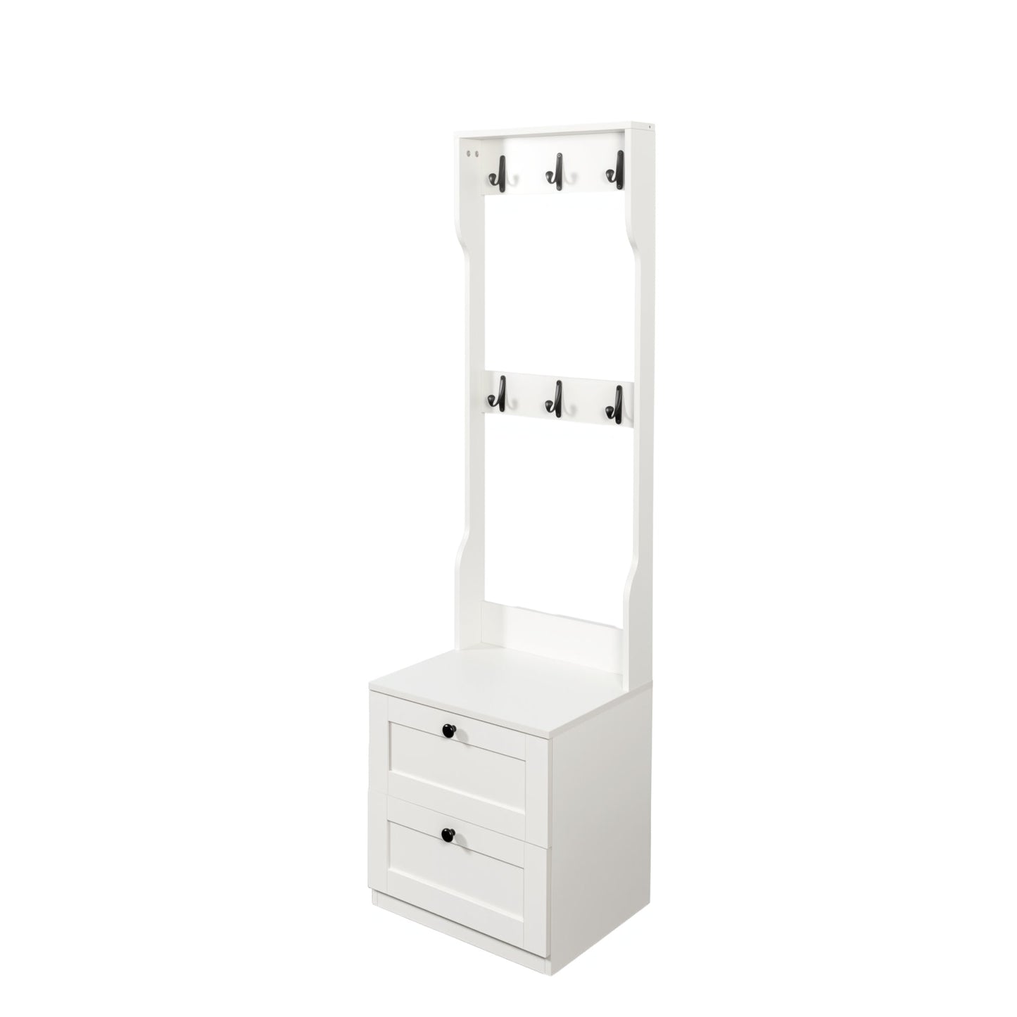 2-in-1 Coat Rack and Nightstand,Wood Bedside/Entryway Storage Organizer with Drawer & Hooks, Freestanding Clothes Hanger for Bedroom,Hallway