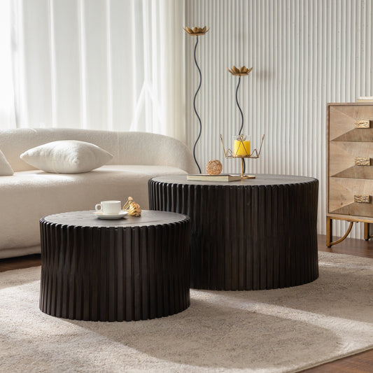 Vintage Fashion Style Cylindrical Nesting Coffee Table Set with Vertical Textured Embossed Design for Living Room, Office and Dining Room, Dark Brown (Set of 2)