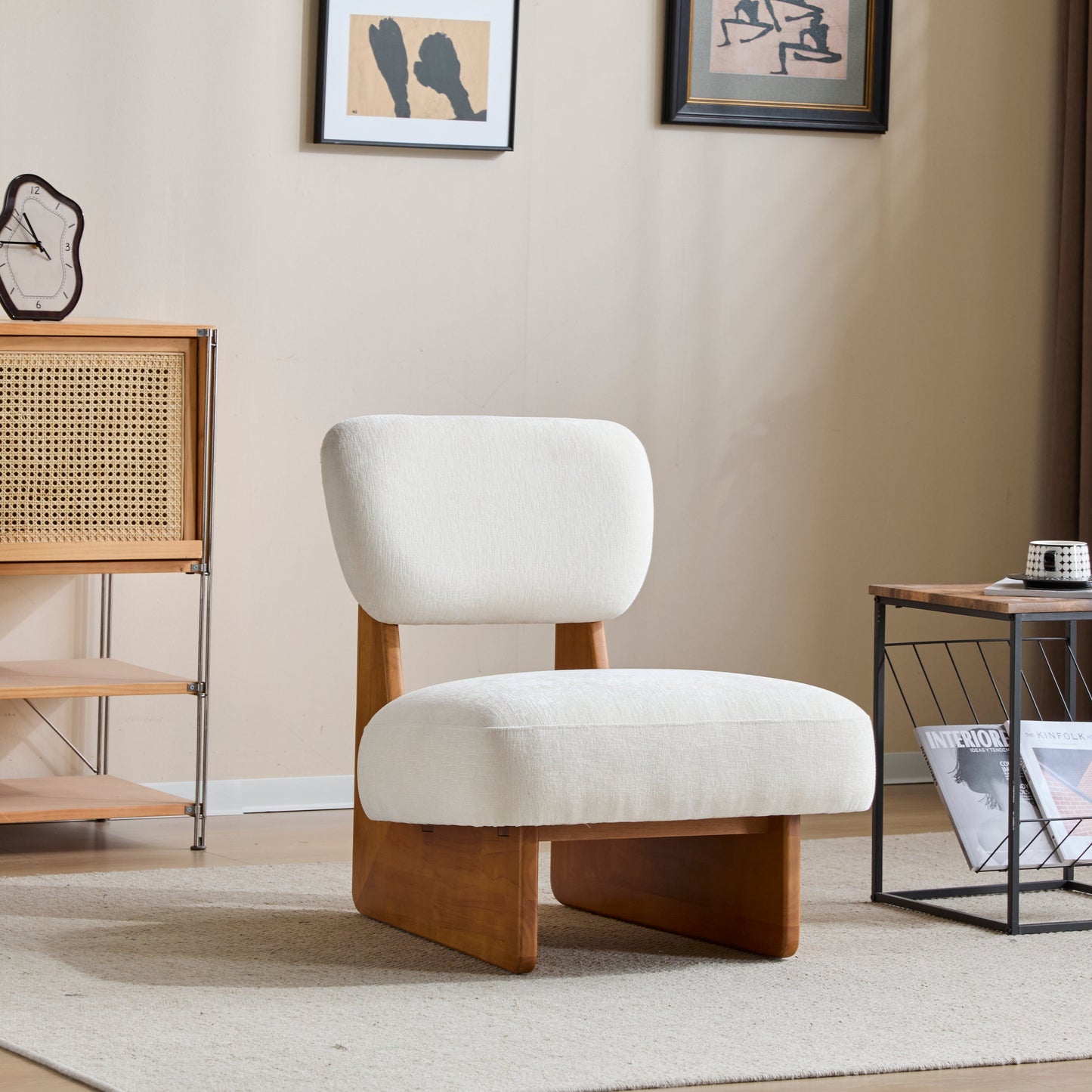 [Set of 2] Modern Beige Lounge Chair with Polyester Upholstery, Sturdy Wood Base With Natural Finish, Minimalist and Stylish Accent Seating for Living Room, Bedroom, or Office