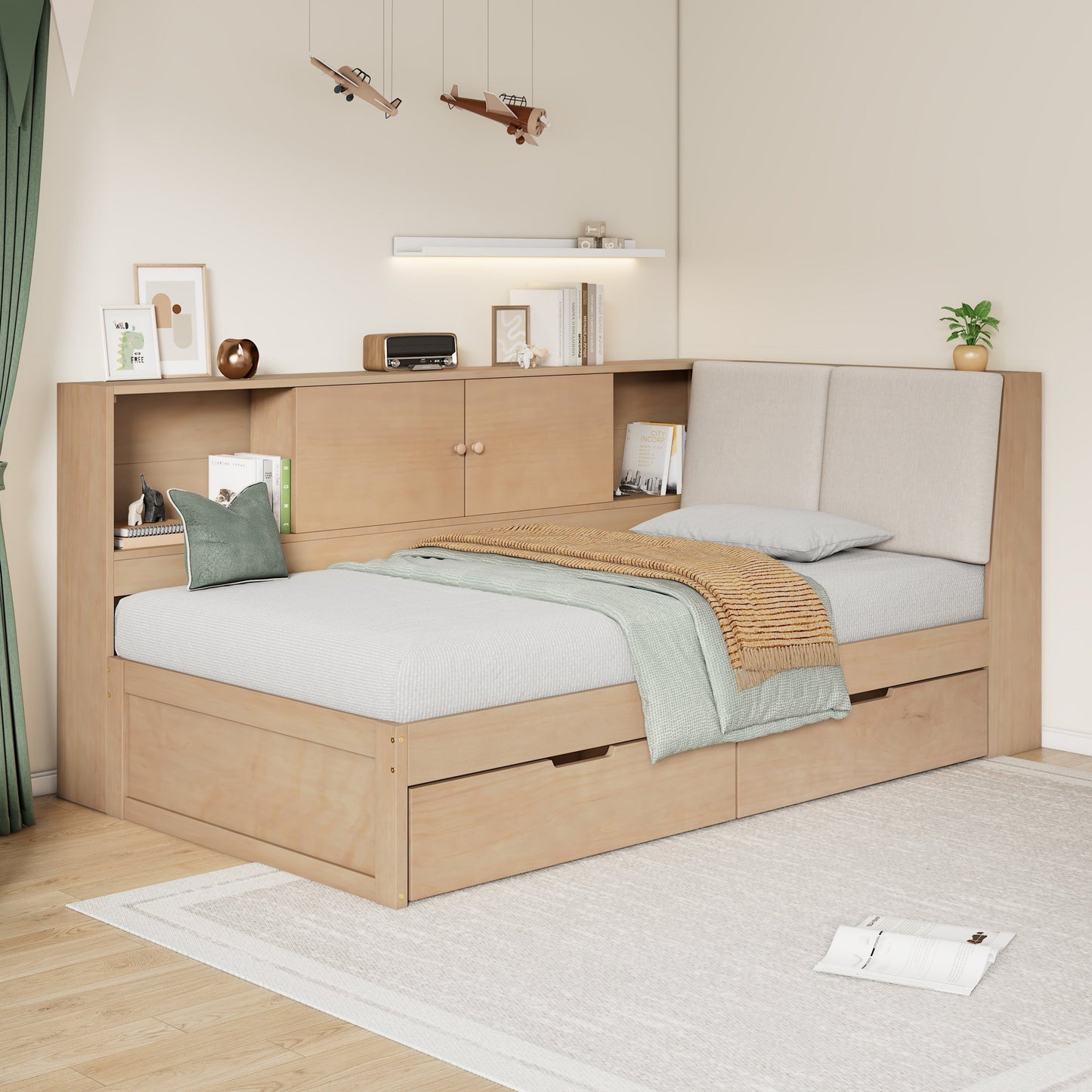 Wooden Twin Size L-shaped Daybed Corner Bed Under-bed Drawers  with Storage Bookcase and Upholstered Headboard and USB Charging Ports for Limited Space,Natural