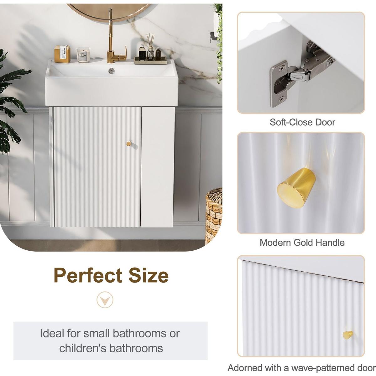 21.6inch Modern Floating Bathroom Vanity with Ceramic Basin - Perfect for Small Bathrooms, Right side storage